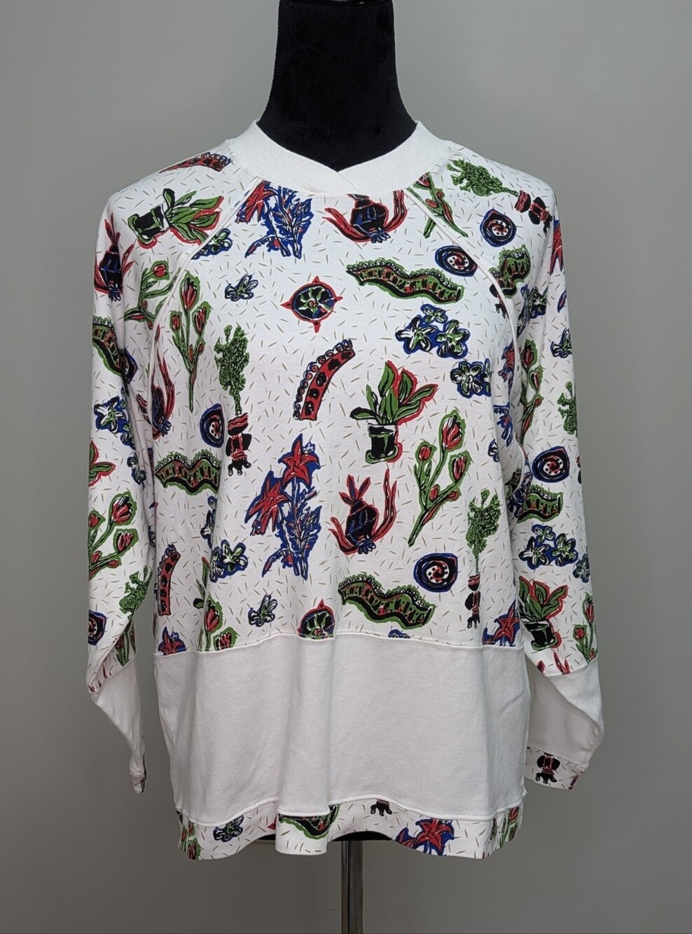 VTG Generra Culture 90s Two Tone White/ Colorful Plants Long Sleeve Sz M Top